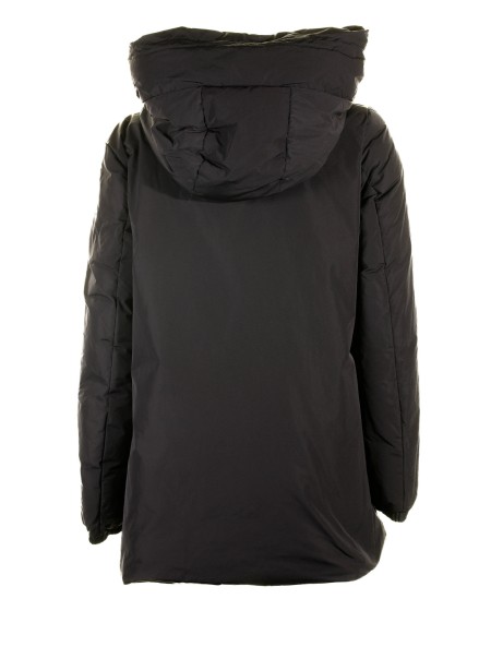 Black women's down jacket with maxi hood and zip
