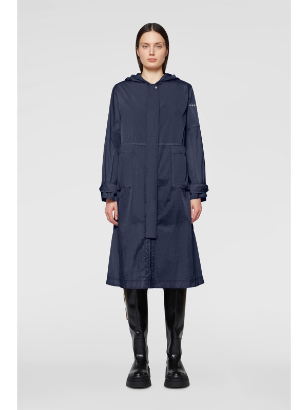 Long navy blue parka with hood