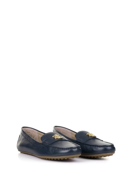 Mocassino gommino blu in pelle con placca logo