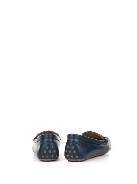 Mocassino gommino blu in pelle con placca logo