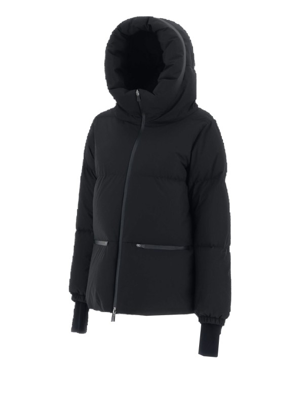 Black down jacket with hood and zip