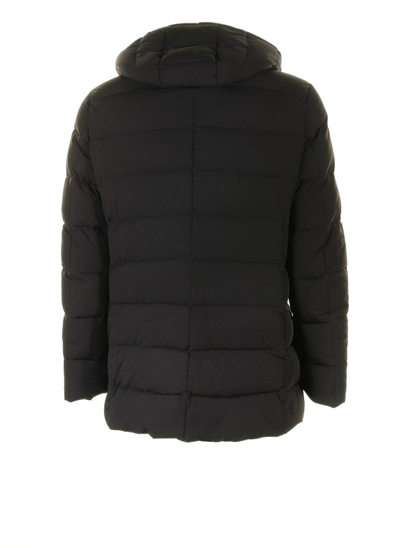 Black quilted down jacket with hood
