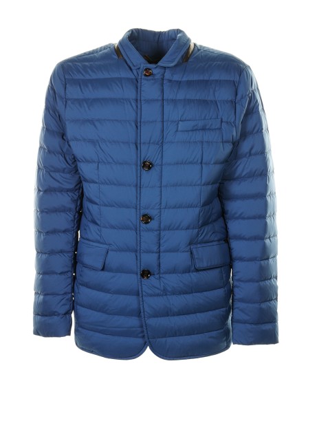 Blue quilted water repellent down jacket