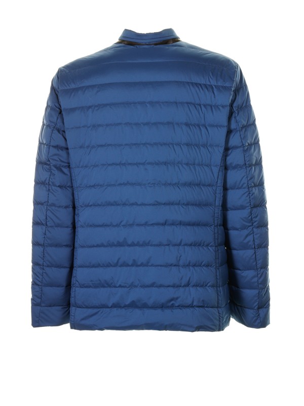 Blue quilted water repellent down jacket
