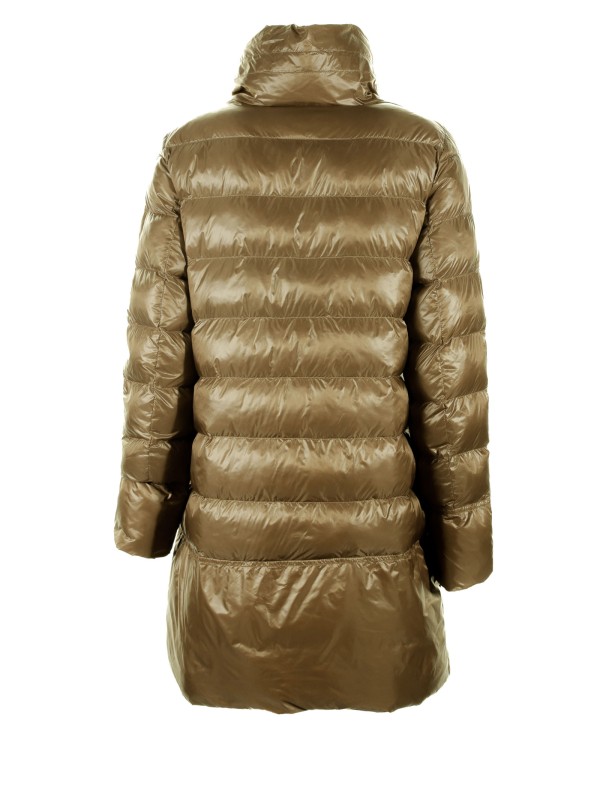 Long brown down jacket with zip and maxi drawstring