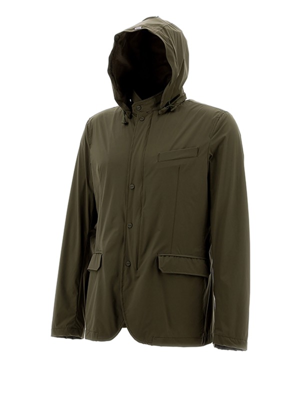 Giubbino verde militare con bottoni e cappuccio