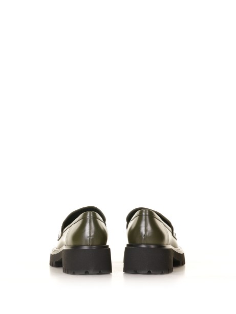 Green leather loafer with fringes